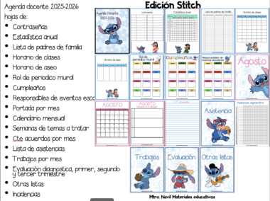 Vista previa de una agenda de profesor con temática Stitch para 2025-2026. Incluye páginas ilustradas para horarios, asistencia, cumpleaños, reuniones, listas de clase, planificadores mensuales, evaluaciones y mucho más, con una lista con viñetas de los materiales incluidos.